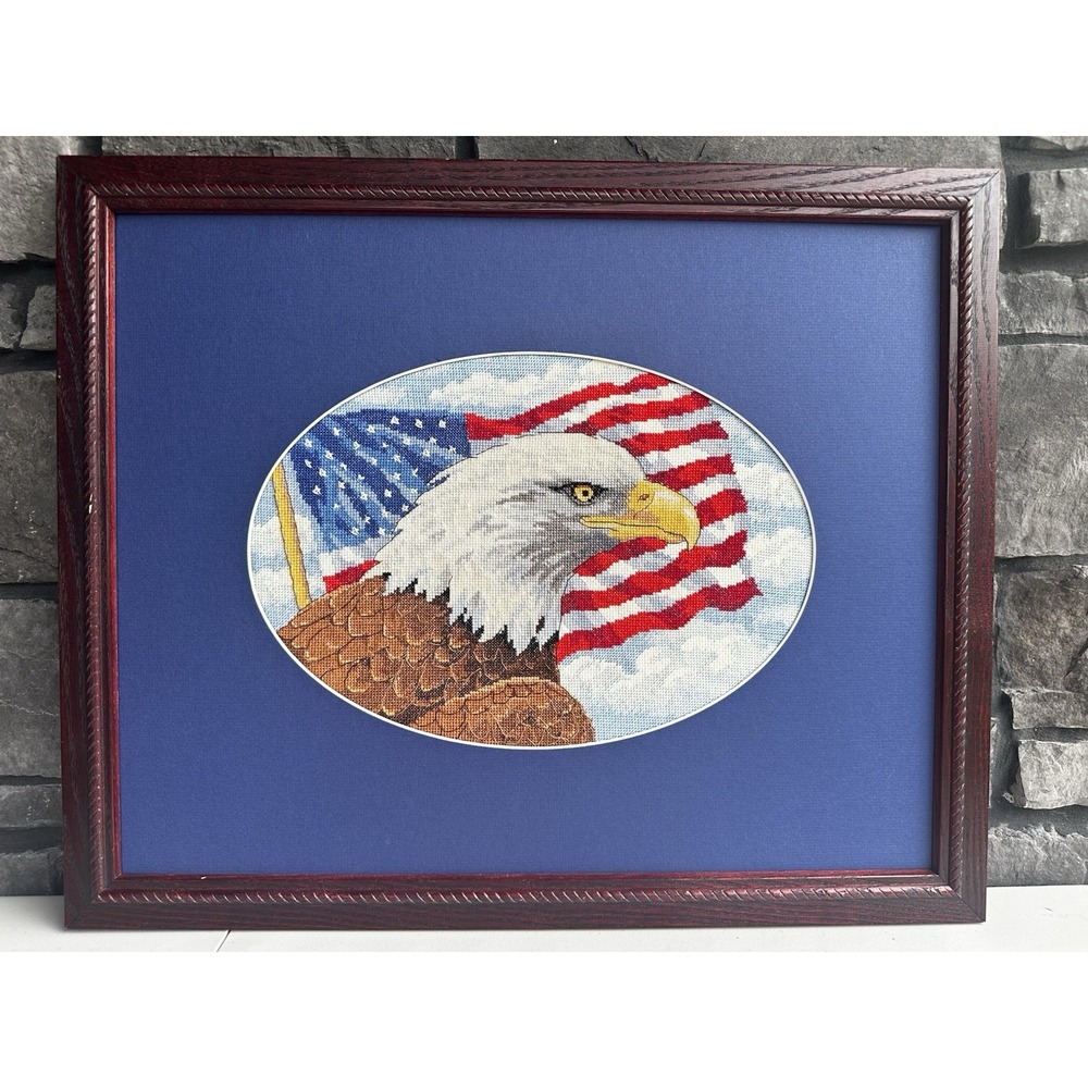 Vintage Patriotic USA Freedom Eagle Framed Cross Stitch Wall Art Decor Americana